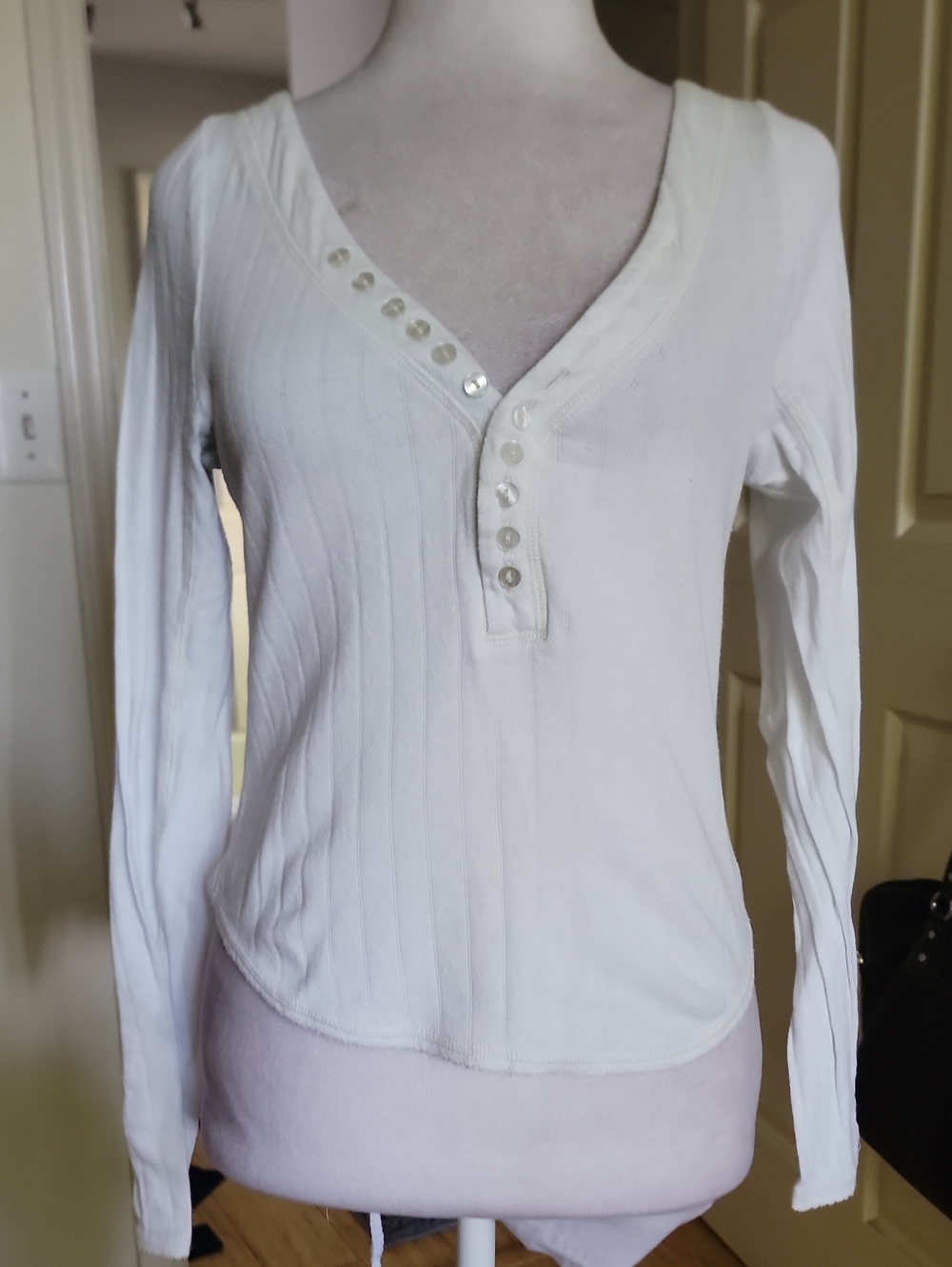 Intimately Free People Women's White Ribbed Henley Long-Sleeve Top